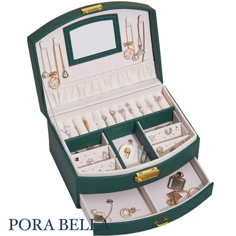 <Porabella>優雅皮革首飾盒 手提珠寶盒 旅行旅遊 絨布盒鏡子飾品盒 飾品戒指項鍊耳環耳夾收納盒 交換禮物-細節圖7