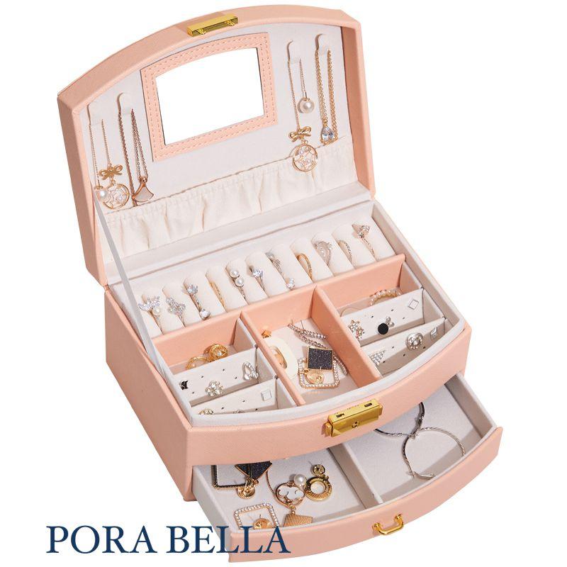 <Porabella>優雅皮革首飾盒 手提珠寶盒 旅行旅遊 絨布盒鏡子飾品盒 飾品戒指項鍊耳環耳夾收納盒 交換禮物-細節圖8