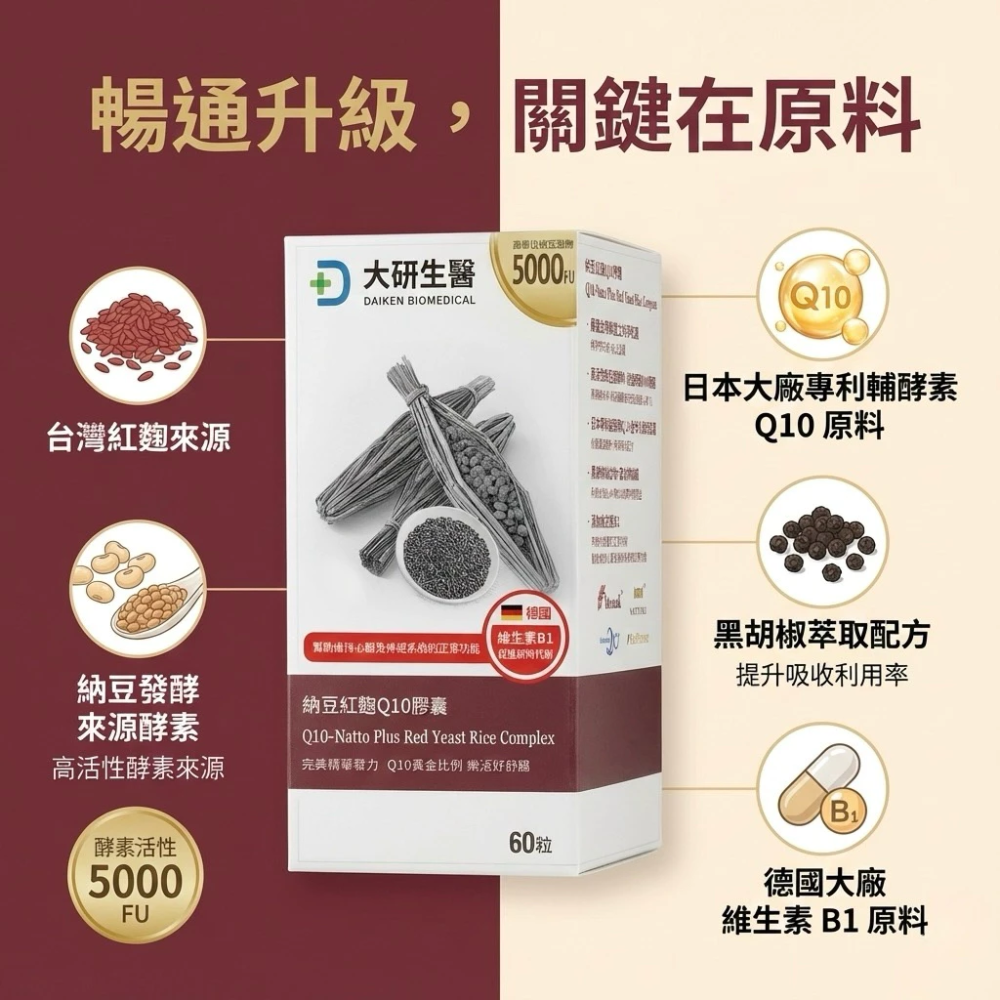 大研生醫 納豆紅麴 Q10 膠囊 60 粒 / 盒 全素可食-細節圖3