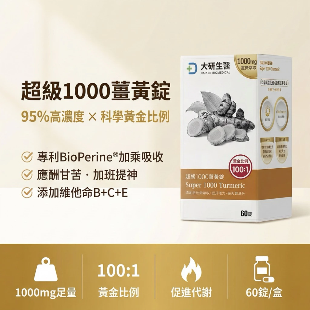大研生醫 純素 超級 1000 薑黃錠 60 粒/盒 超級 1000 薑黃錠 全素可食