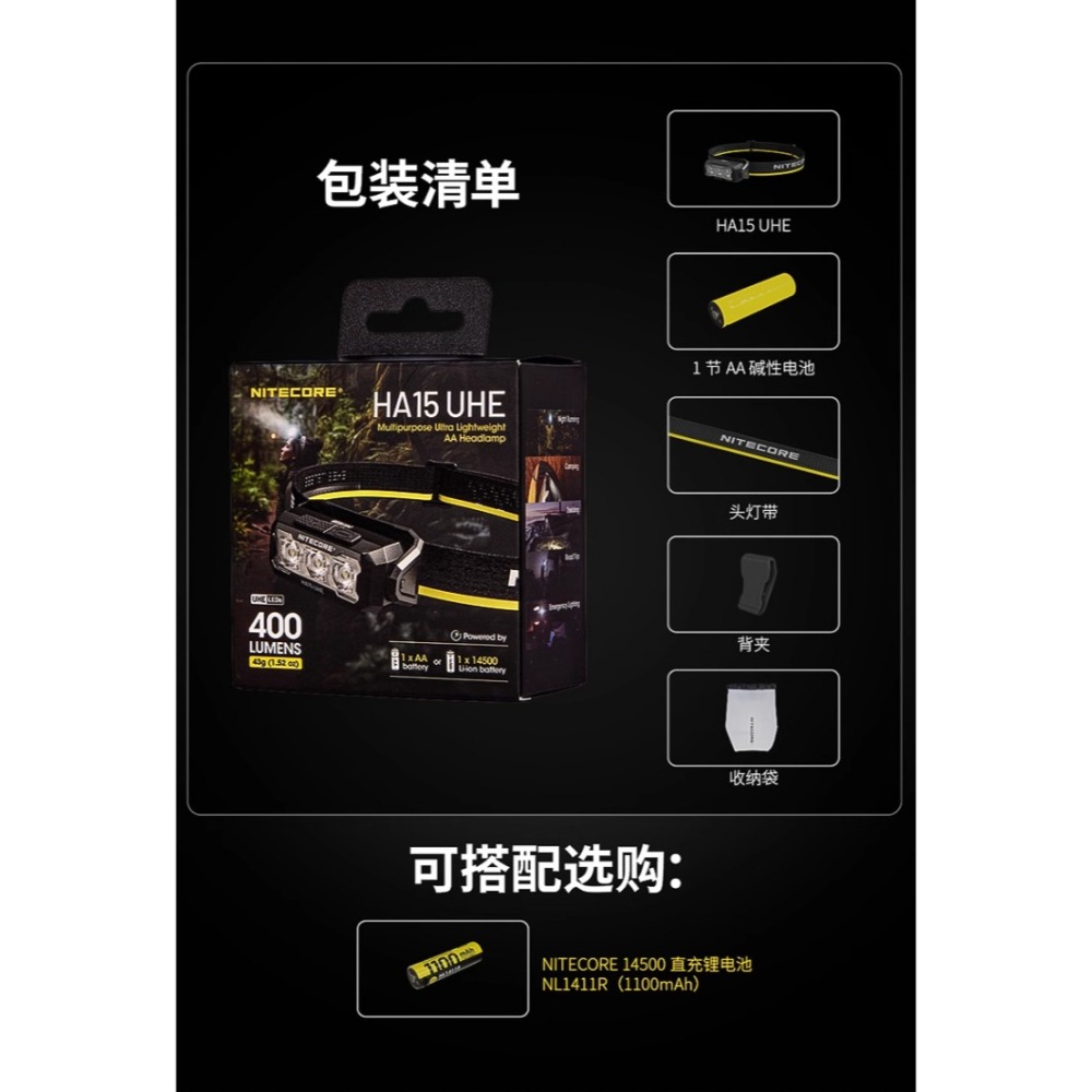 NITECORE HA15 UHE 多用途輕量AA頭燈 400流明 80米 紅白光 帽夾燈 肩燈 雙電源-細節圖6