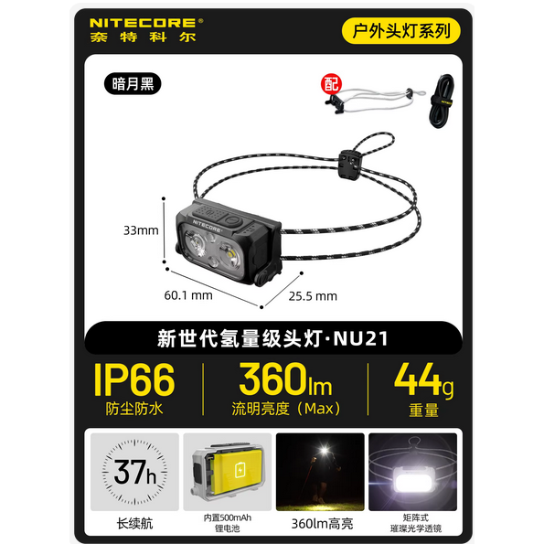 NITECORE NU21 360流明 輕量頭燈 雙光源可充電頭燈 44克 百岳 越野跑 登山 LED頭燈-規格圖11