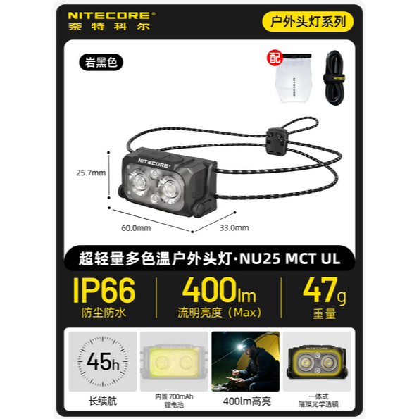 NITECORE 台灣現貨 NU25 MCT UL 輕量化頭燈 400流明 HA11 登山頭燈 野跑燈-規格圖1