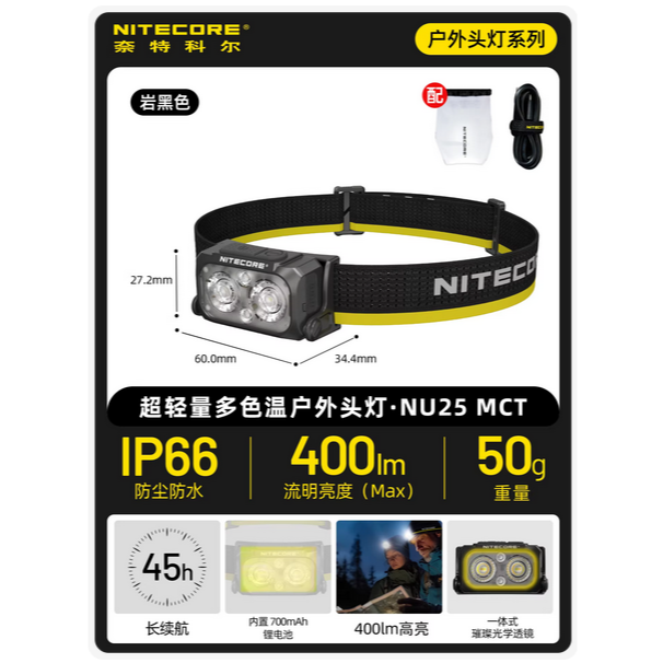 NITECORE 台灣現貨 NU25 MCT UL 輕量化頭燈 400流明 HA11 登山頭燈 野跑燈-規格圖1