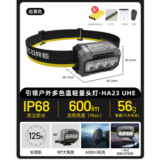 HA23 UHE 600流明 輕量頭燈 MCT多色溫 越野跑 夜跑 56克 雙電源 AAA-規格圖10