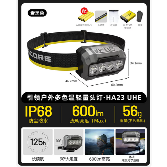 HA23 UHE 600流明 輕量頭燈 MCT多色溫 越野跑 夜跑 56克 雙電源 AAA-規格圖10
