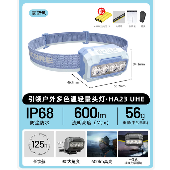 HA23 UHE 600流明 輕量頭燈 MCT多色溫 越野跑 夜跑 56克 雙電源 AAA-規格圖10