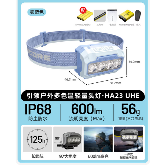 HA23 UHE 600流明 輕量頭燈 MCT多色溫 越野跑 夜跑 56克 雙電源 AAA-規格圖10