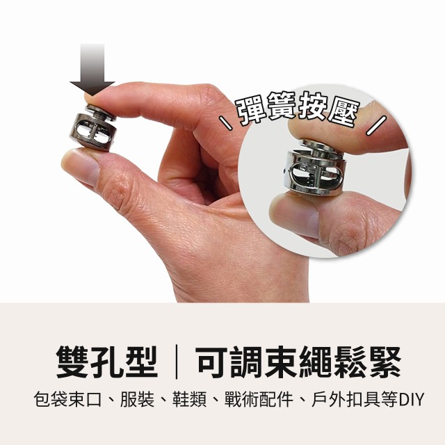 雙孔調節扣 豬鼻子 豬鼻扣 彈簧扣 扣具 塑料 繩索扣 線繩 束口擋繩 繩尾扣 鬆緊繩 鞋扣 止滑扣 戰術 傘繩 五金-細節圖2