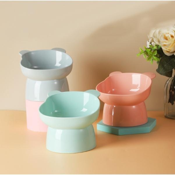 北歐風傾斜高腳熊臉碗 🍰 綠 粉 灰 寵物碗 貓碗 狗碗 15度 斜口 呵護頸椎 北歐風 熊熊臉-細節圖3