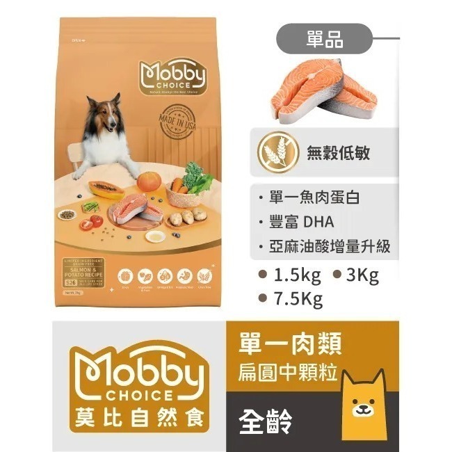 莫比 狗飼料 全齡犬 成犬 幼母犬 低卡關節 雞肉米 羊肉米 無穀鮭魚馬鈴薯 1.5kg 3kg 7.5kg-細節圖8