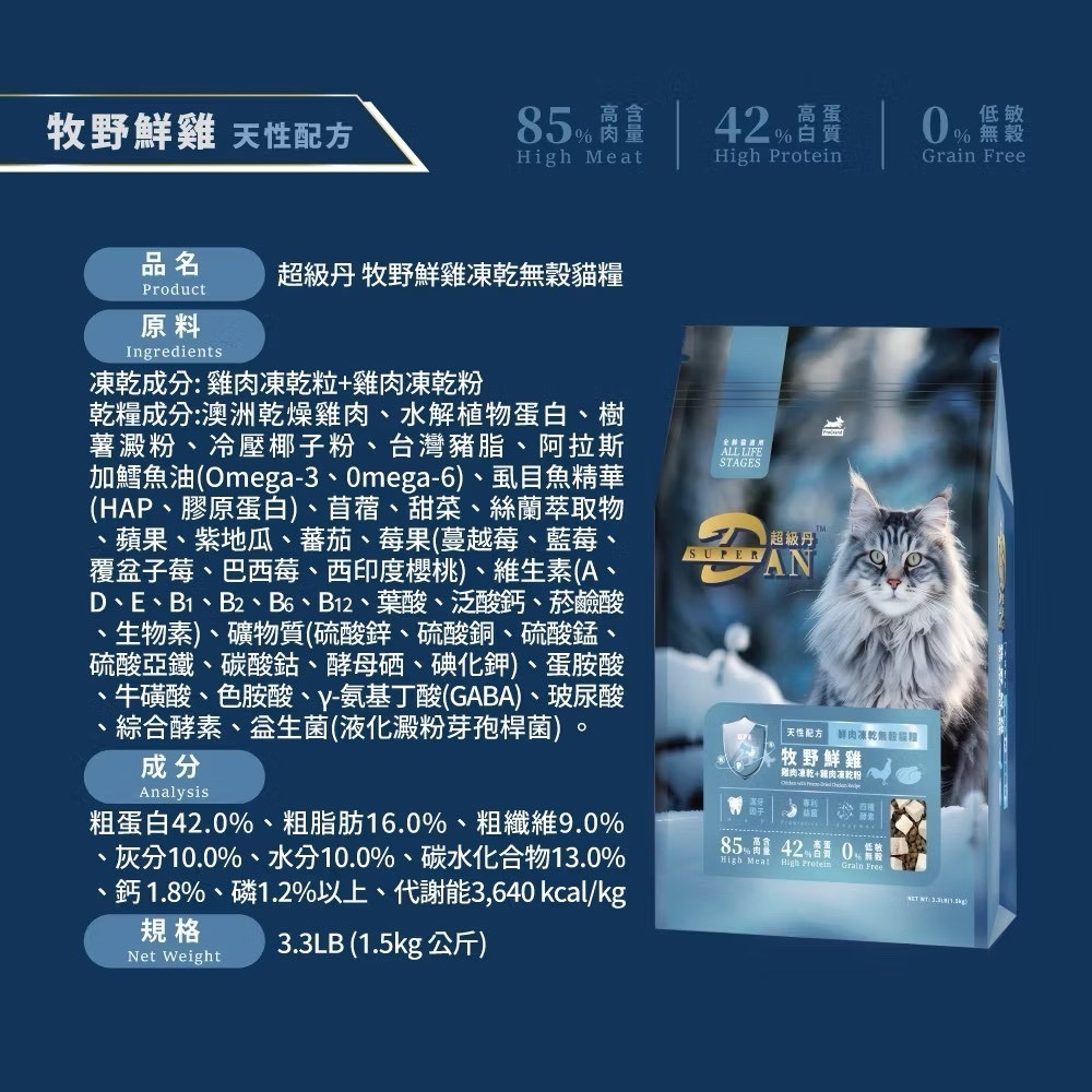 Super DAN 超級丹 鮮肉凍乾無榖貓糧 400G 1.5KG 鮭魚鮮雞 牧野鮮雞 貓飼料 貓乾糧 凍乾飼料-細節圖7