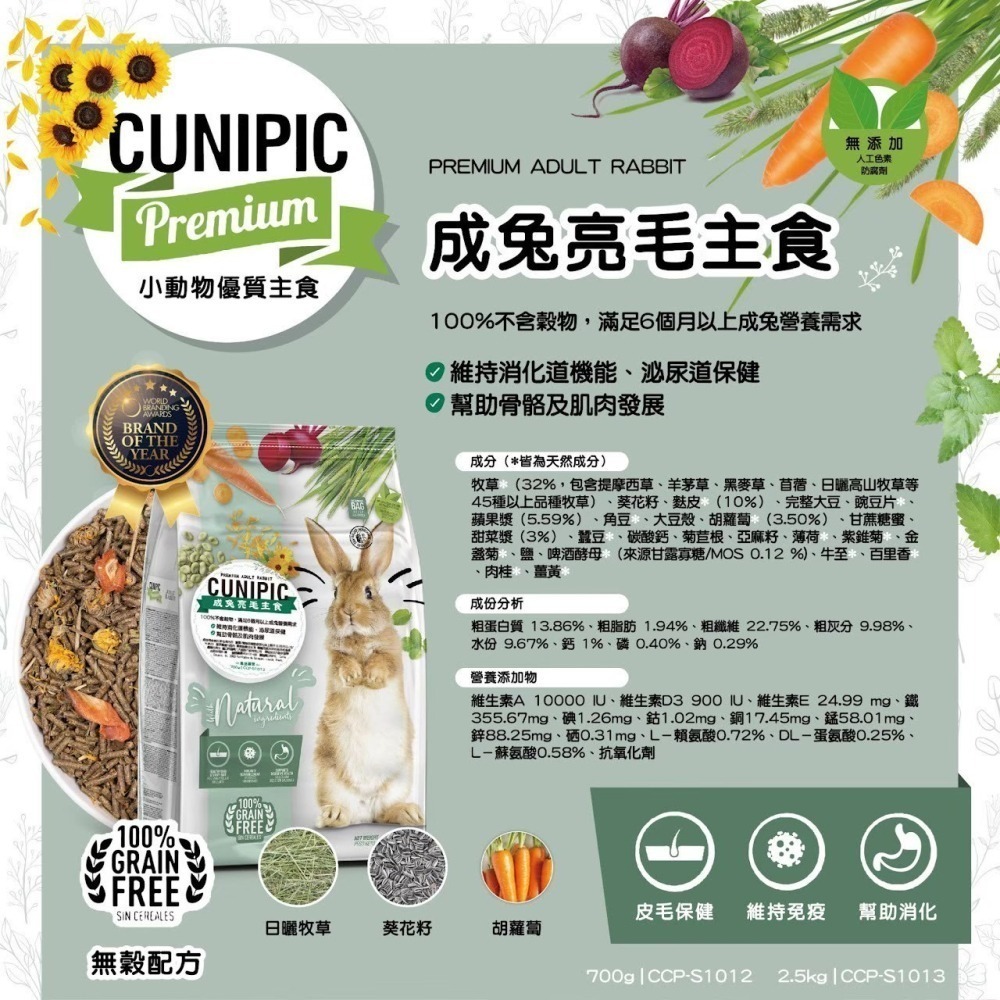 CUNIPIC 小動物主食 成兔飼料 倉鼠 天竺鼠飼料 龍貓飼料 小動物飼料 免疫 亮毛 腸胃 700g 2.5kg-細節圖6