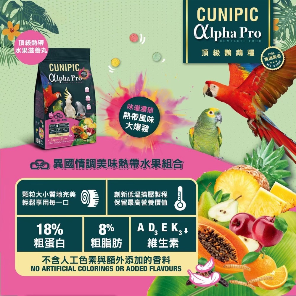 Cunipic 鳥滋養丸 頂極鳥飼料 中大型鸚鵡 中小型鸚鵡 熱帶水果-細節圖7