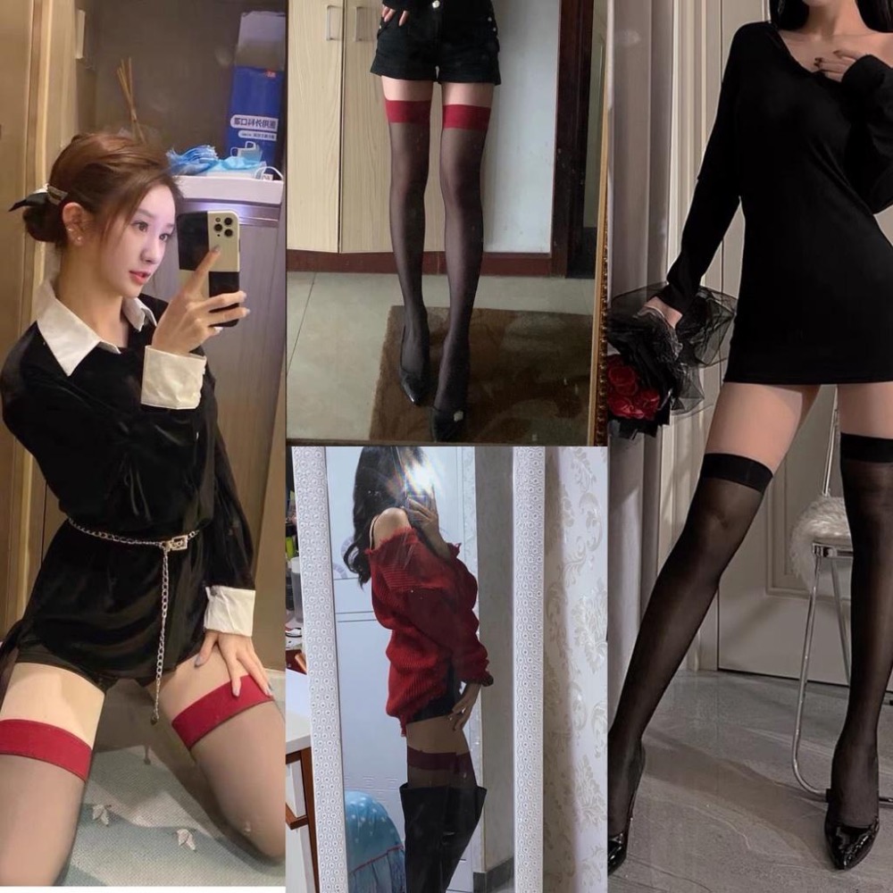 珞櫻正品🖤撞色大腿襪 1D超薄絲襪 長筒黑絲紅邊性感高筒 防滑隱形透膚純欲風過膝加大 偽娘 網紅 吊帶絲襪-細節圖2