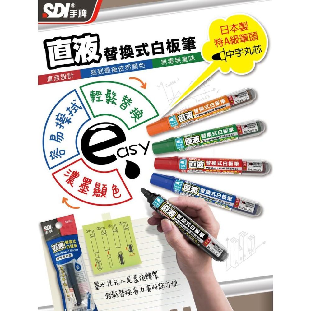 SDI手牌 S510 直液替換式白板筆 卡式白板筆 可換卡水白板筆 / S510R 直液式卡式白板筆補充卡水 補充液-細節圖2