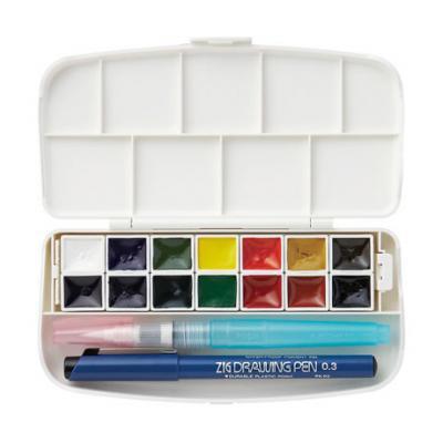 吳竹Kuretake WSKG301-1 14色透明水彩套組 (含14色塊狀水彩、0.3勾線筆、中號水筆)