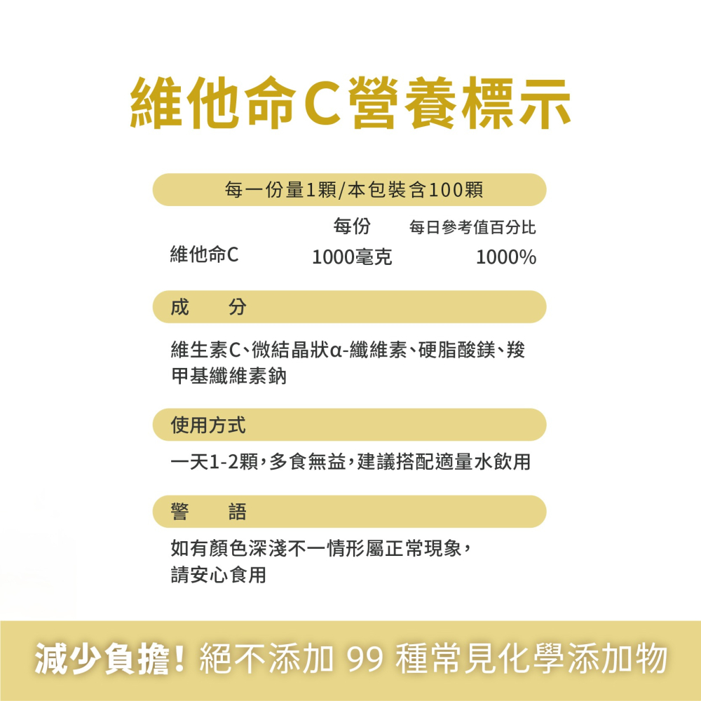 優維特 VITA 維他命C 1000mg 無二氧化矽 無色素 素食可用 高劑量 挑戰全台最少化學賦形劑-細節圖2