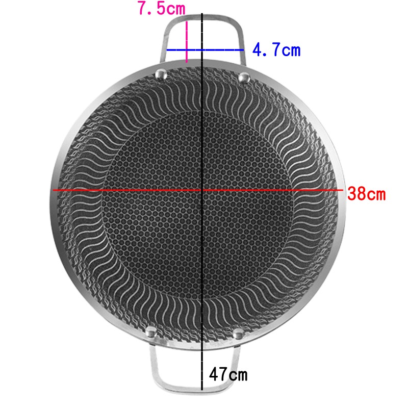 韓式蜂巢不鏽鋼烤盤38cm【緣屋百貨】天天出貨 烤肉盤 不鏽鋼煎烤盤 燒烤盤 平底烤盤 蜂巢烤盤 雙耳烤盤-細節圖3