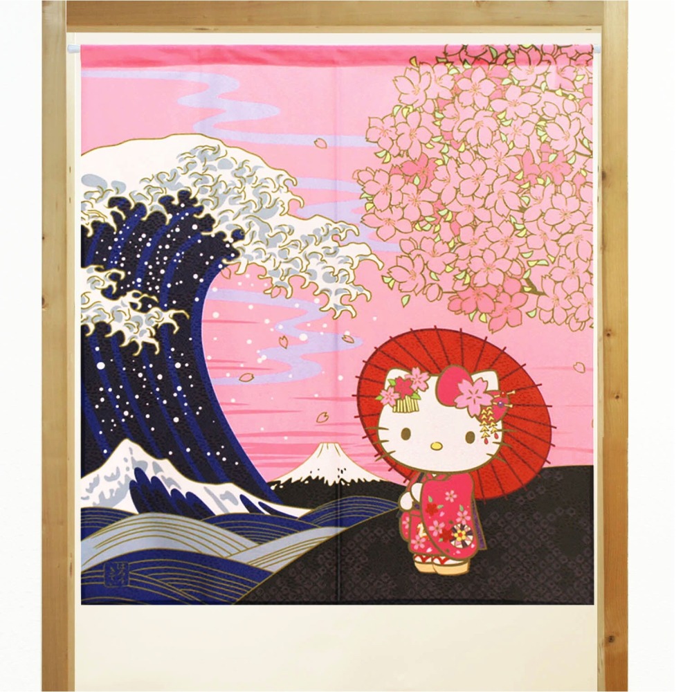 日本製COSMOS三麗鷗凱蒂貓HelloKitty門簾窗簾日本風景85X90-細節圖6