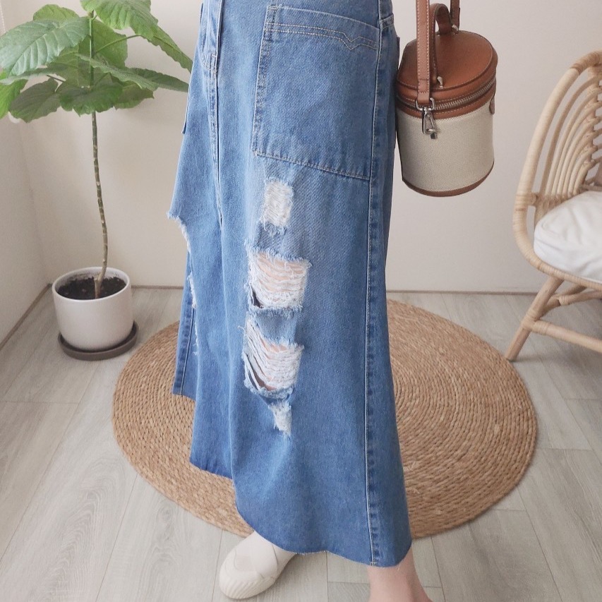 率性風格牛仔長裙💫爪破單寧長裙-細節圖2