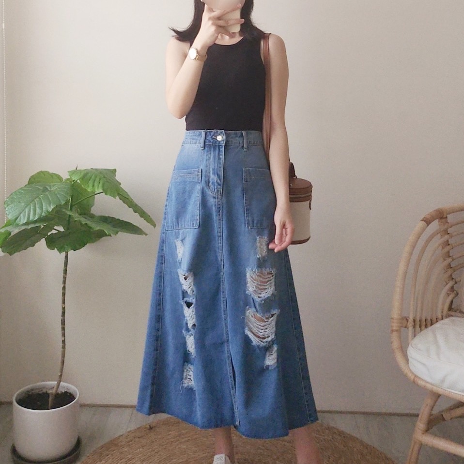 率性風格牛仔長裙💫爪破單寧長裙-細節圖3