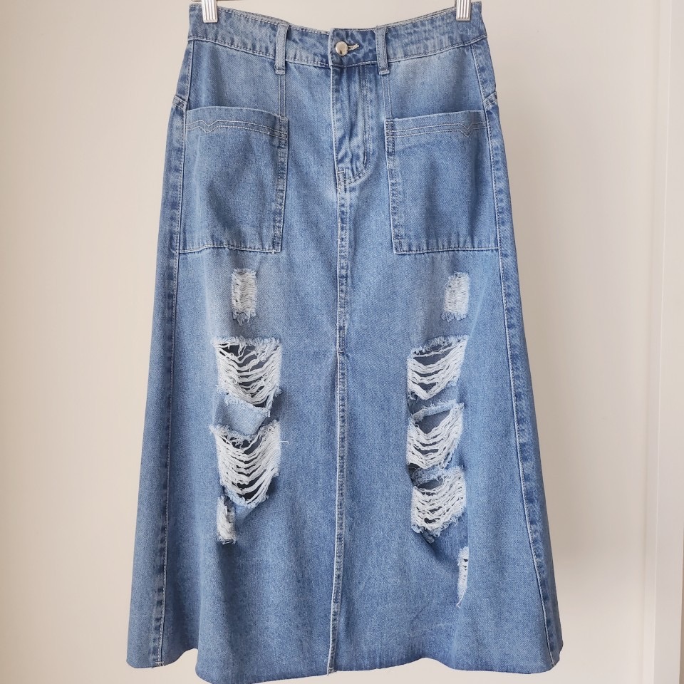 率性風格牛仔長裙💫爪破單寧長裙-細節圖4