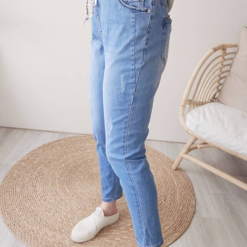 💫修身顯瘦腰圍超彈力💫抽繩款微水刷白哈倫褲 休閒褲-細節圖2