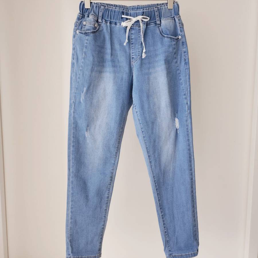 💫修身顯瘦腰圍超彈力💫抽繩款微水刷白哈倫褲 休閒褲-細節圖4