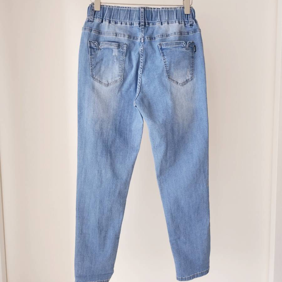 💫修身顯瘦腰圍超彈力💫抽繩款微水刷白哈倫褲 休閒褲-細節圖5