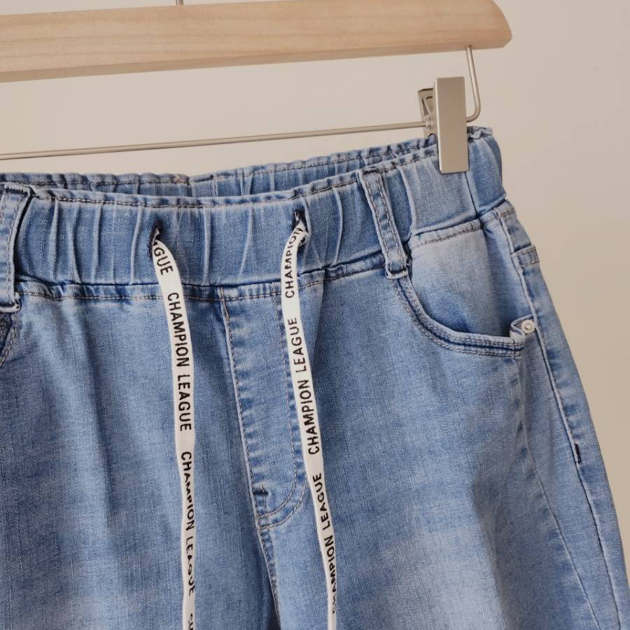 💫修身顯瘦腰圍超彈力💫抽繩款微水刷白哈倫褲 休閒褲-細節圖6