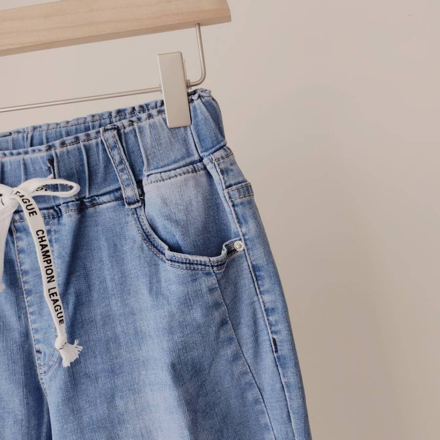 💫修身顯瘦腰圍超彈力💫抽繩款微水刷白哈倫褲 休閒褲-細節圖7