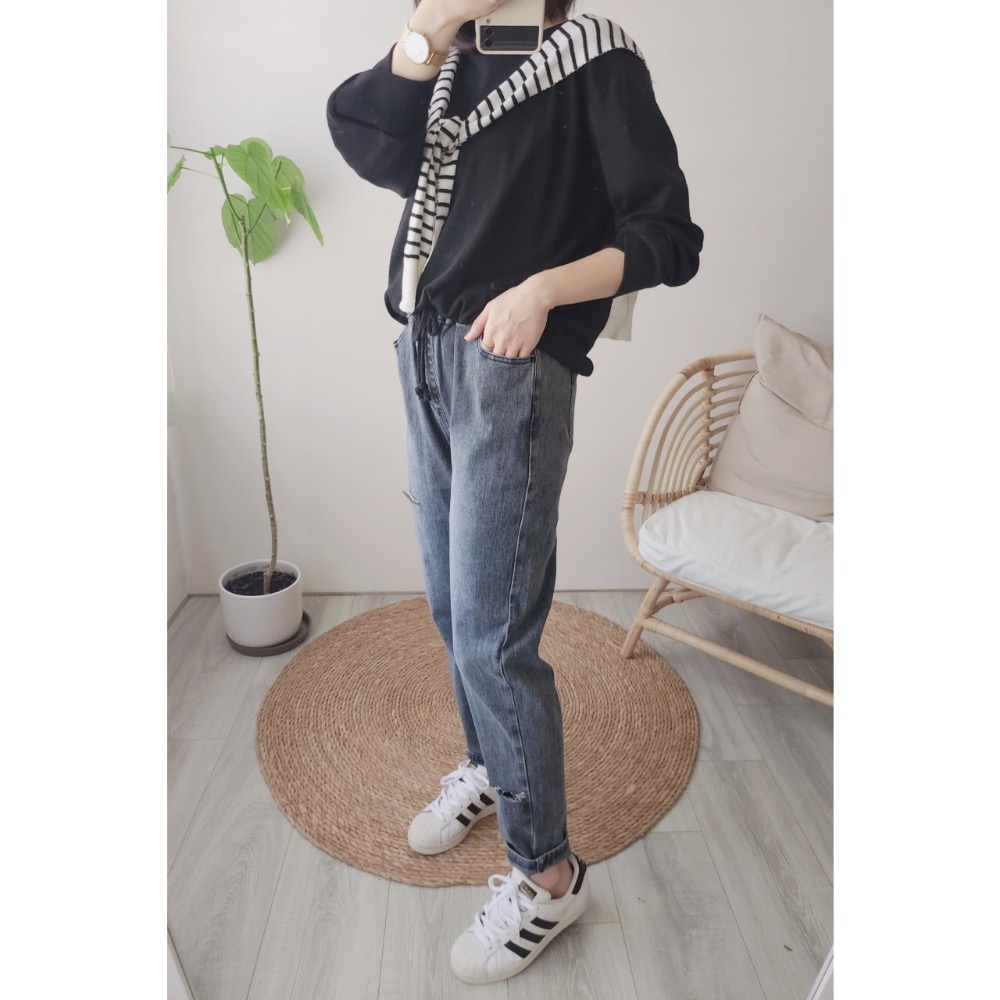 🌟街頭風🌟 彈力腰圍+抽繩💫割破款哈倫褲 男友褲 休閒褲💯-細節圖2