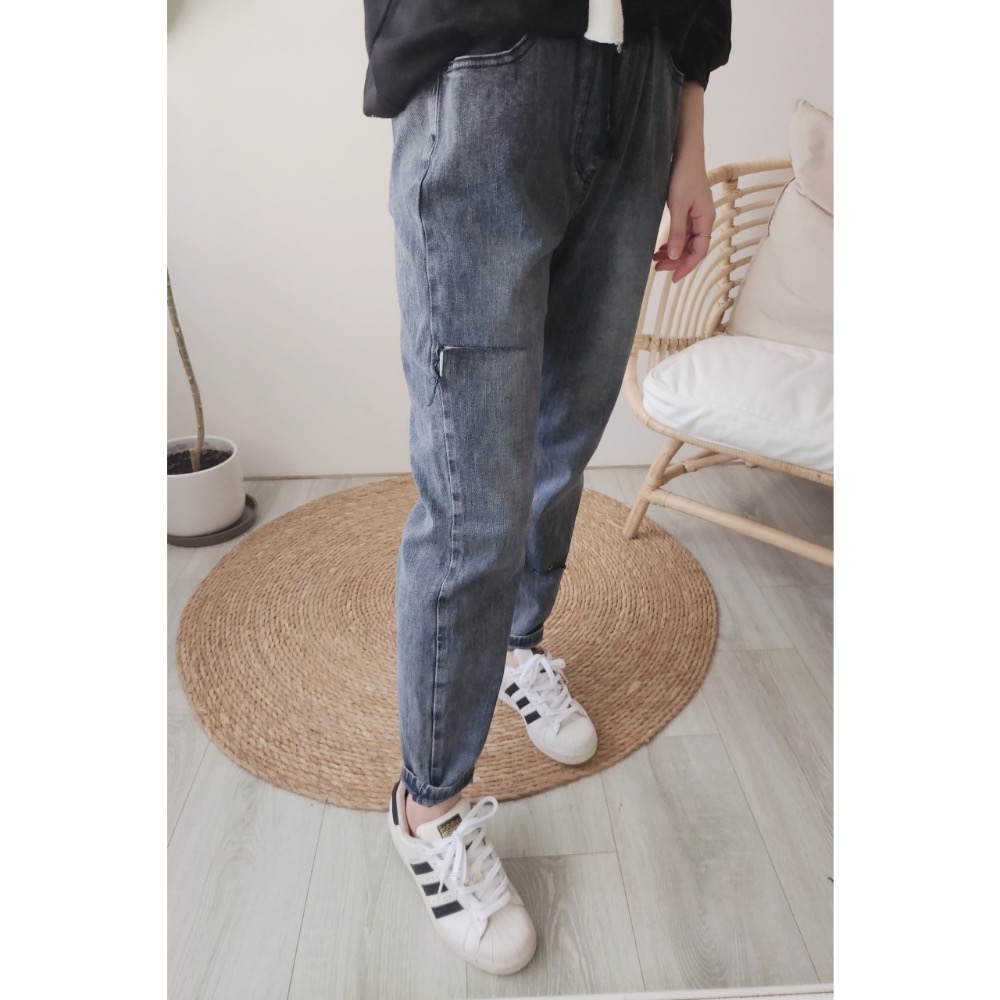 🌟街頭風🌟 彈力腰圍+抽繩💫割破款哈倫褲 男友褲 休閒褲💯-細節圖3