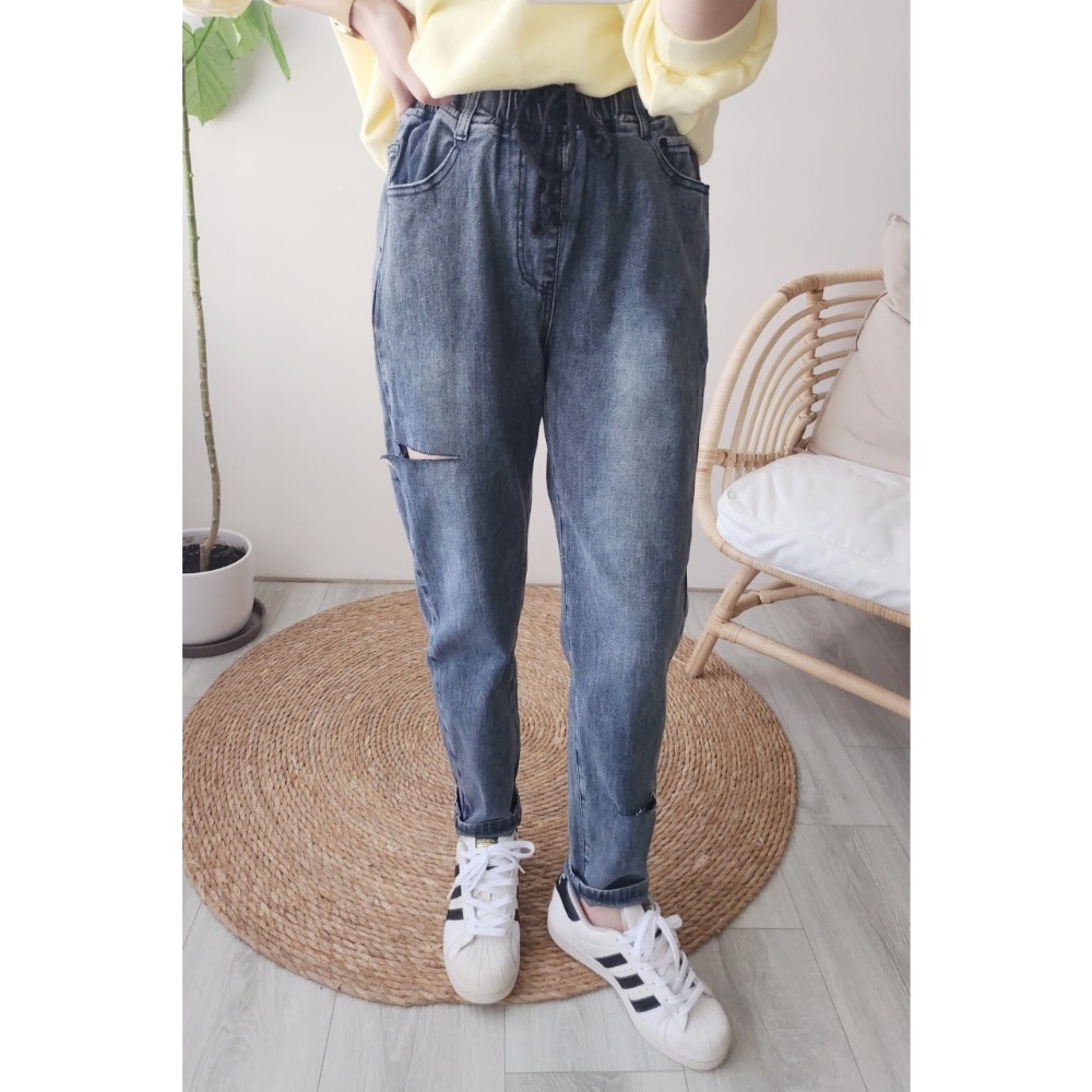 🌟街頭風🌟 彈力腰圍+抽繩💫割破款哈倫褲 男友褲 休閒褲💯-細節圖4