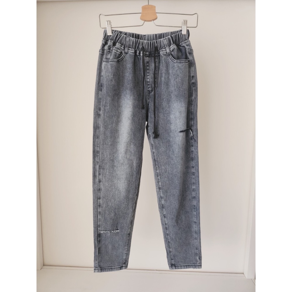 🌟街頭風🌟 彈力腰圍+抽繩💫割破款哈倫褲 男友褲 休閒褲💯-細節圖5