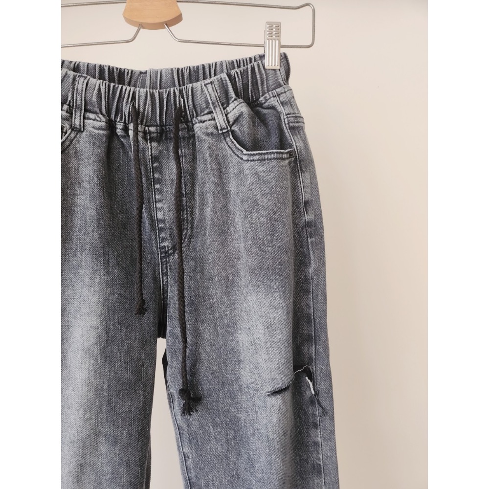 🌟街頭風🌟 彈力腰圍+抽繩💫割破款哈倫褲 男友褲 休閒褲💯-細節圖7