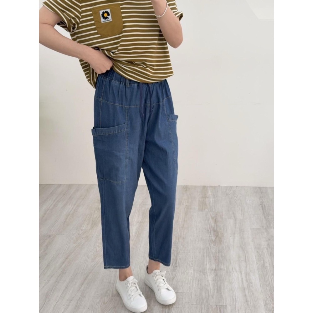 薄棉牛仔哈倫褲 休閒褲✅棉花糖&雲朵女孩必Buy神褲👍超彈力腰圍+抽繩 舒適 美型 好穿搭 💯 #13052e-細節圖2