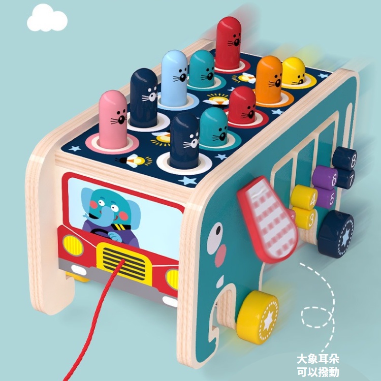 【台灣現貨】玩具車💛  打地鼠玩具車 雙色大象打地鼠木製啟蒙拉車 幼兒玩具 木製玩具 益智玩具 啟蒙玩具 兒童節禮物-細節圖8