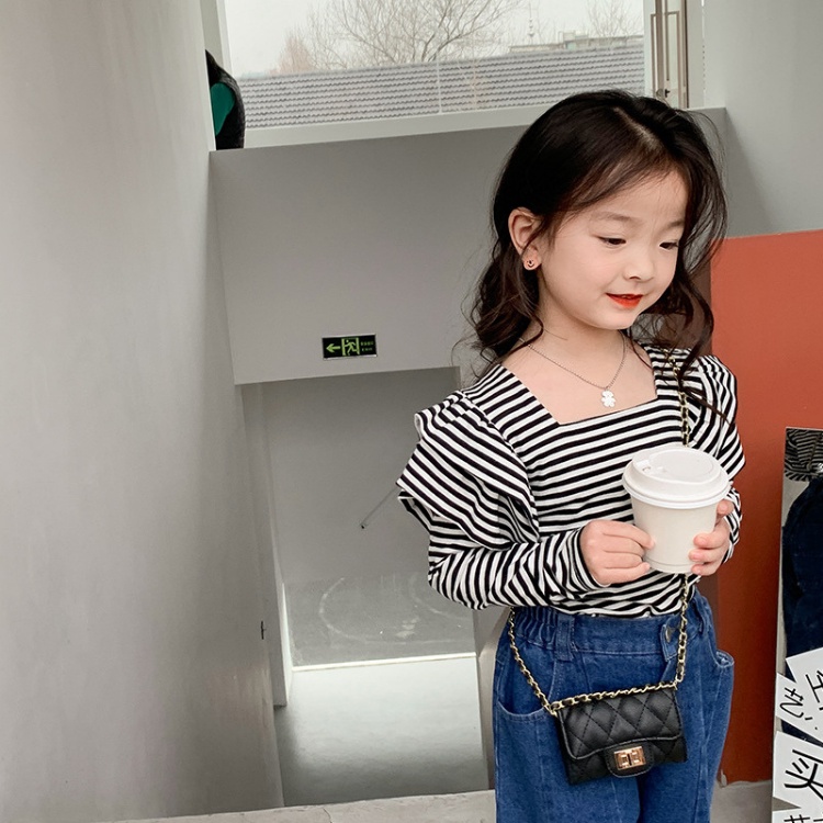 女童上衣【24H出貨】💛韓系 女童 方領條紋氣質花邊飛袖上衣 童裝 女童裝 女童上衣 長袖上衣 女童套裝 女童套裝秋冬-細節圖4