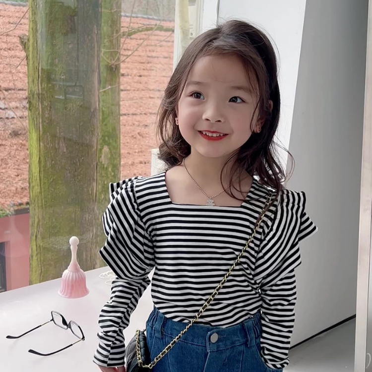 女童上衣【24H出貨】💛韓系 女童 方領條紋氣質花邊飛袖上衣 童裝 女童裝 女童上衣 長袖上衣 女童套裝 女童套裝秋冬-細節圖5
