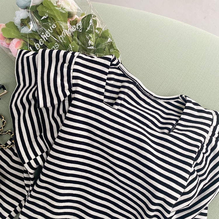 女童上衣【24H出貨】💛韓系 女童 方領條紋氣質花邊飛袖上衣 童裝 女童裝 女童上衣 長袖上衣 女童套裝 女童套裝秋冬-細節圖7