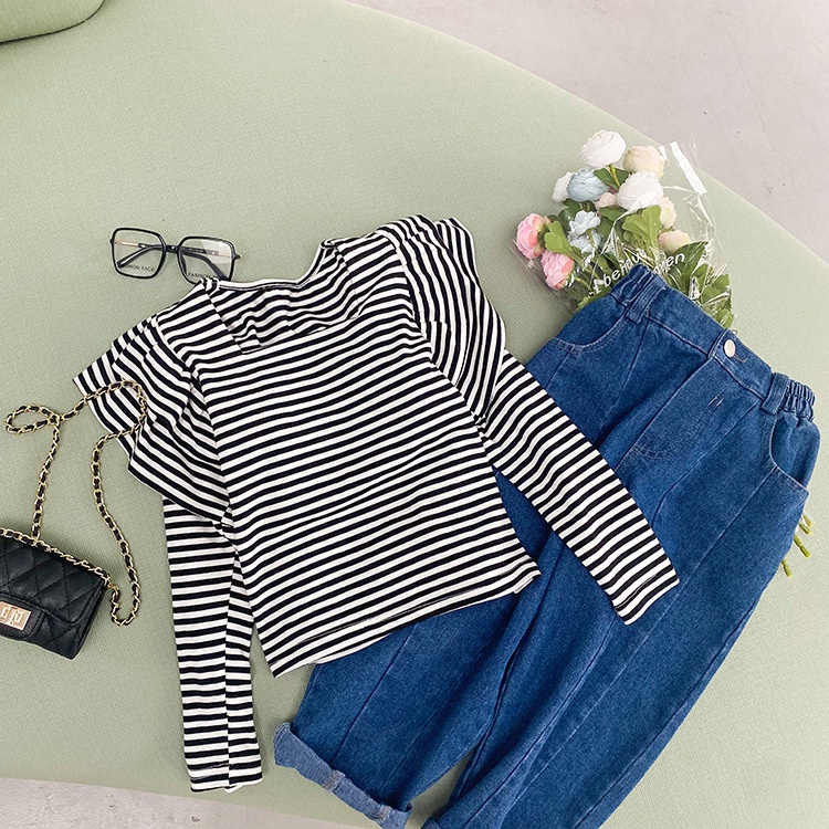 女童上衣【24H出貨】💛韓系 女童 方領條紋氣質花邊飛袖上衣 童裝 女童裝 女童上衣 長袖上衣 女童套裝 女童套裝秋冬-細節圖8