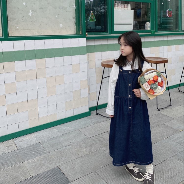 吊帶裙【24H出貨】💛日系 單寧牛仔吊帶長裙 女童洋裝 童裝 女童裝 牛仔裙 牛仔吊帶裙 裙 裙子 牛仔長裙-細節圖3