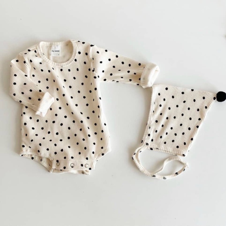 包屁衣【24H出貨】💛韓系 點點印花長袖包屁衣（附贈帽子）包屁衣 新生兒包屁衣 長袖包屁衣 新生兒衣服 嬰兒衣服 童裝-細節圖7