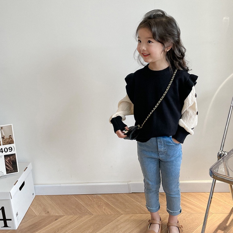 女童上衣【24H出貨】💛韓系 女童 撞色蝴蝶結假兩件針織上衣 童裝 女童裝 女童上衣 長袖上衣 女童套裝 女童套裝秋冬-細節圖2