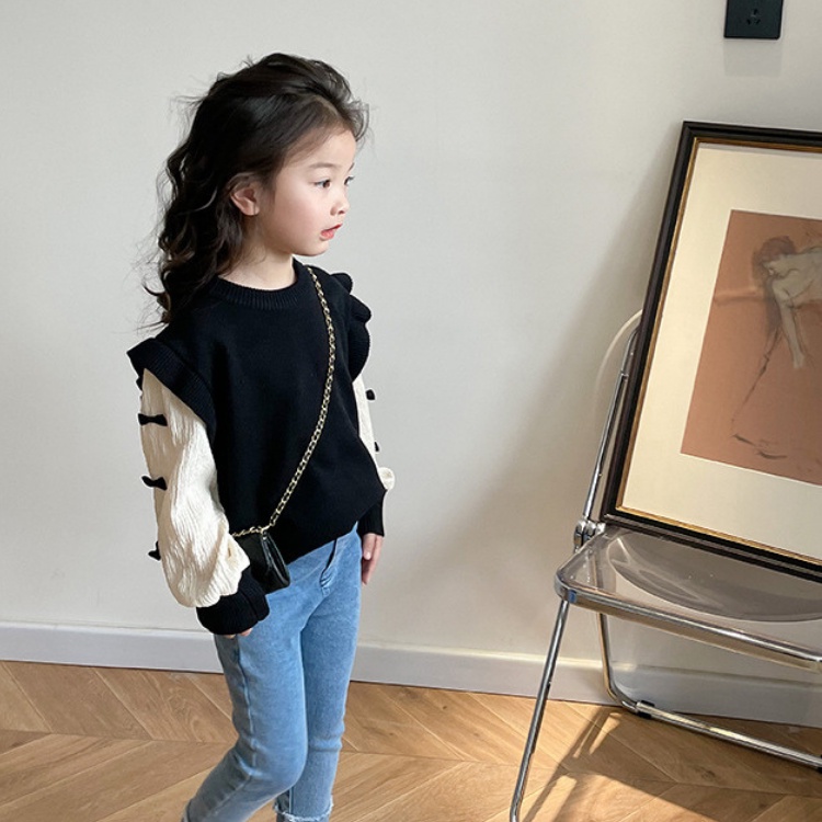 女童上衣【24H出貨】💛韓系 女童 撞色蝴蝶結假兩件針織上衣 童裝 女童裝 女童上衣 長袖上衣 女童套裝 女童套裝秋冬-細節圖3