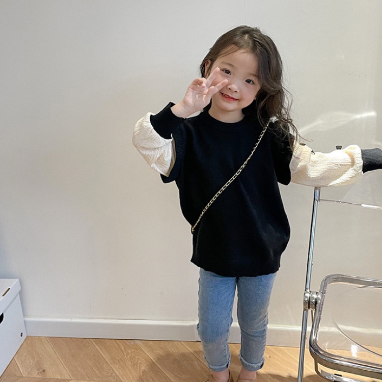 女童上衣【24H出貨】💛韓系 女童 撞色蝴蝶結假兩件針織上衣 童裝 女童裝 女童上衣 長袖上衣 女童套裝 女童套裝秋冬-細節圖5