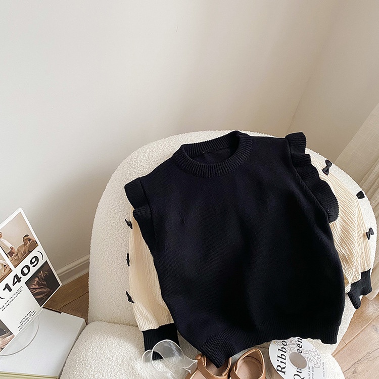 女童上衣【24H出貨】💛韓系 女童 撞色蝴蝶結假兩件針織上衣 童裝 女童裝 女童上衣 長袖上衣 女童套裝 女童套裝秋冬-細節圖6