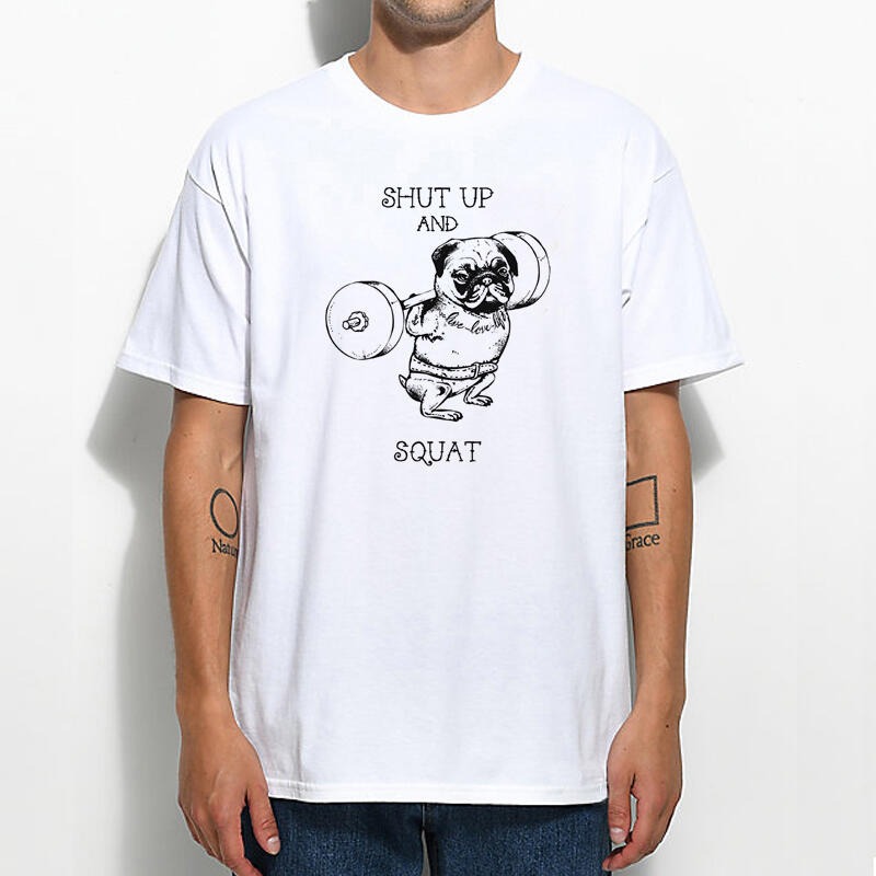 Shut up and squat pug 短袖T恤 4色 健美健力重訓運動練腿日健身八哥深蹲-細節圖3